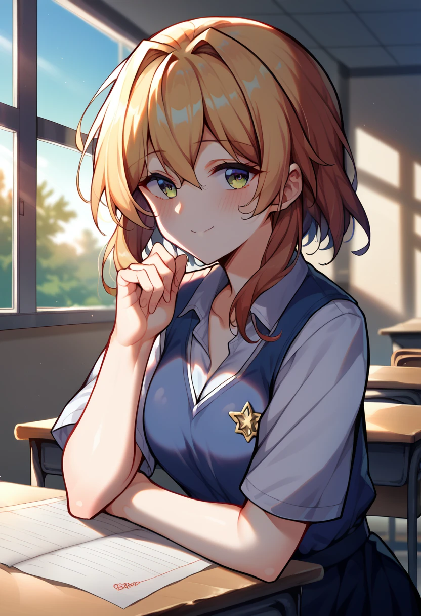 1 Girl, ruan mei \(Collapse: Star Trails\), , Seraph, Cowboy shooting, Backlight, Sunlight, Sunset, classroom, indoors, window, A faint smile, blush, Looking at the audience, depth of field Fraction_9, Fraction_8_Direction_7_up