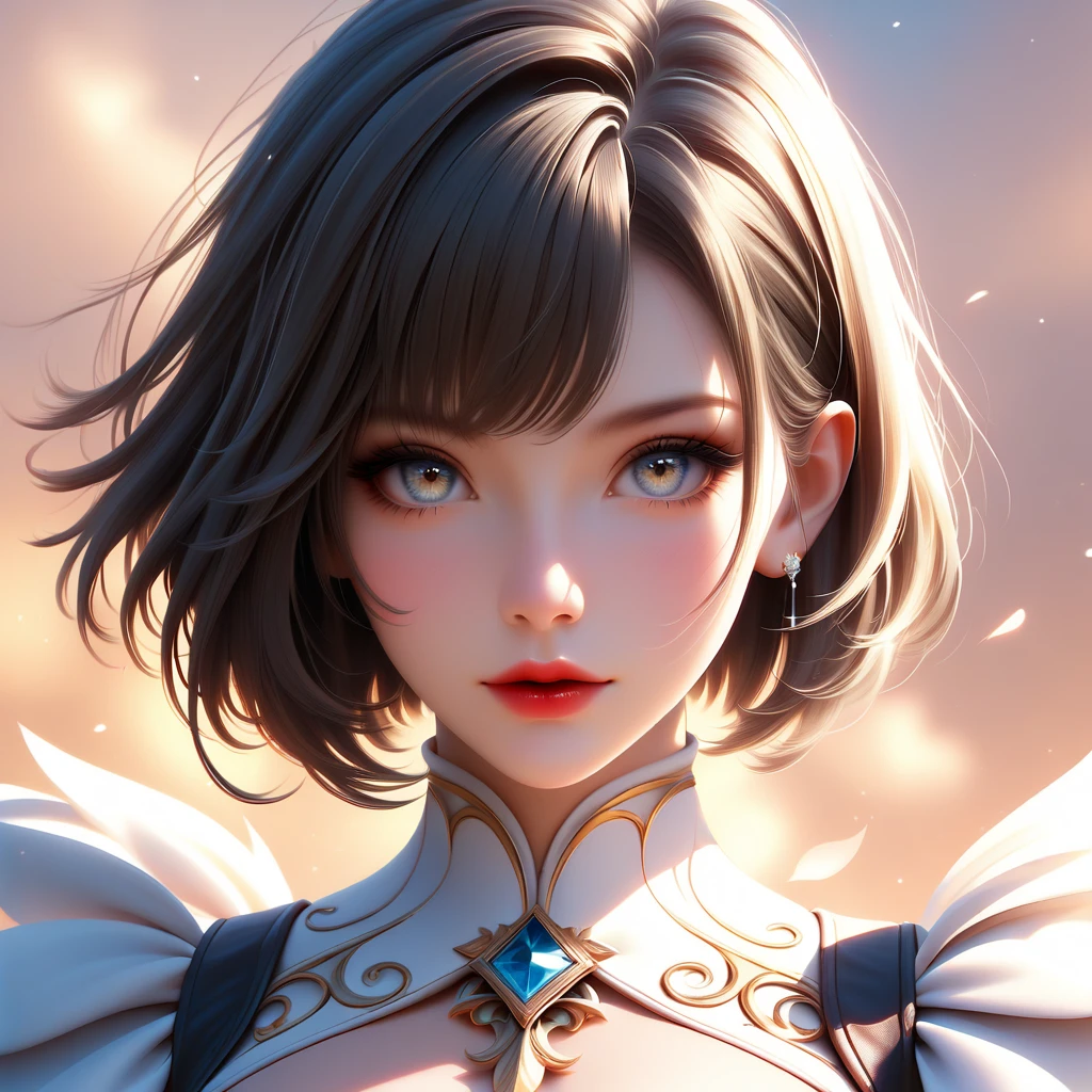 (best quality, 4k, Masterpiece, ultra detailed, hyperrealism, RAW quality), ((The face of the most beautiful young girl)), the most beautiful face ever created, gray-eyed princess, seductive look, ultra-detailed pupil, captivating, clean, perfect, short bob cut, ash hair, red lips, captivating, staring at the viewer,