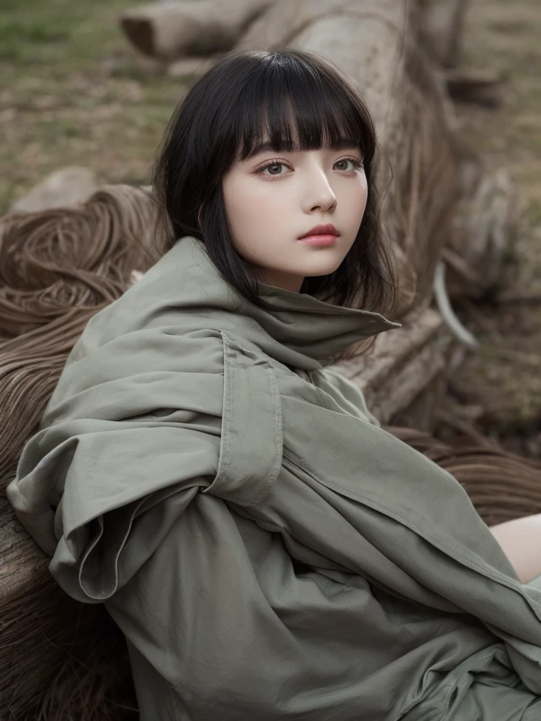 Teenage girl with clean pale skin and silky soft black hair, with small pink lips and a small, thin potato nose and light green eyes,taking a photo looking at the camera with a gray t-shirt and a light smoky brown eye shadow and good quality