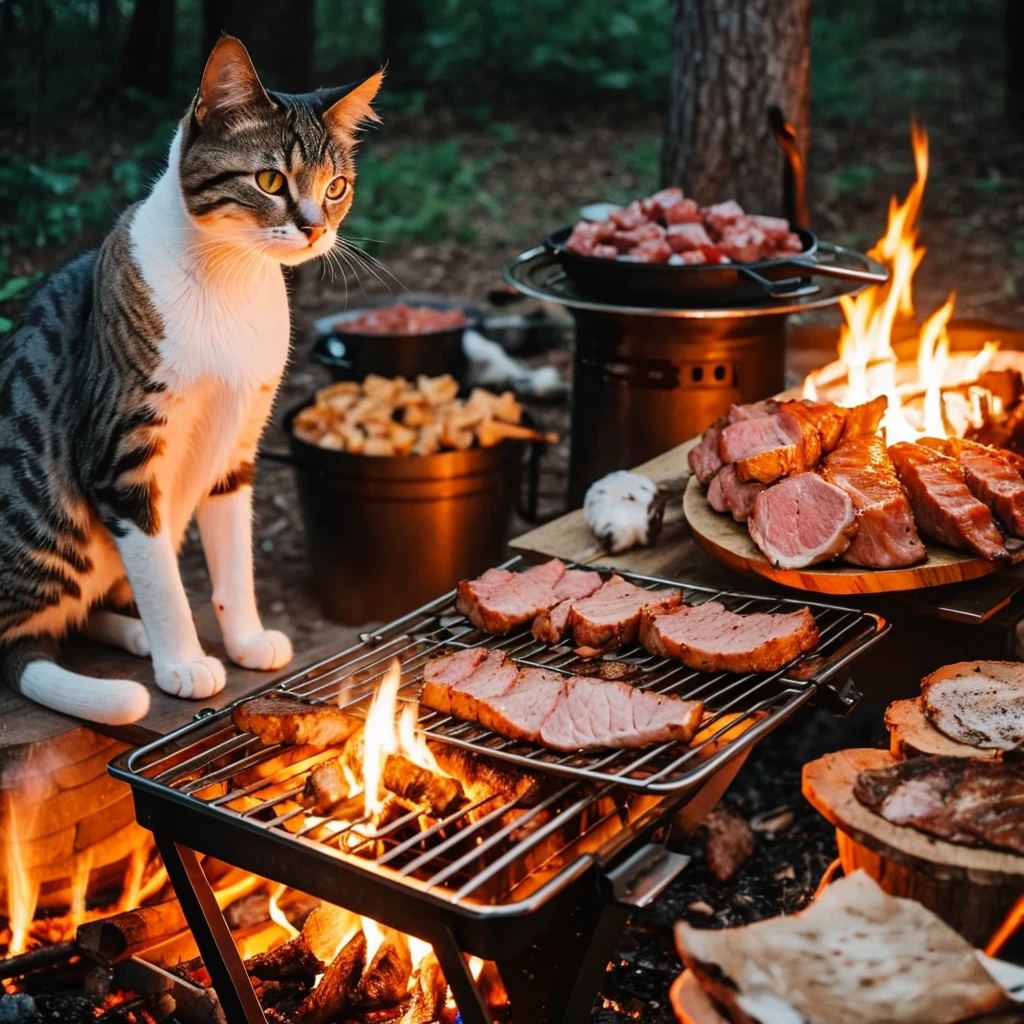 Cat grilling meat on bone over a campfire
