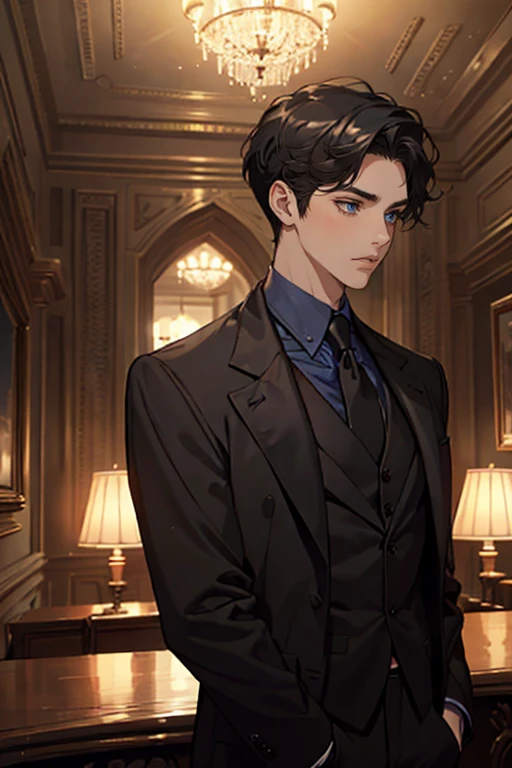 ((One young man with a black suit and tie)), alejandro, (((one side swept dark short neat hair))), ( blue eyes and thick eyebrows), ((30 years old)), ((masterpiece)), ((cinematic lighting)), relax look and smirk, waiting for someone