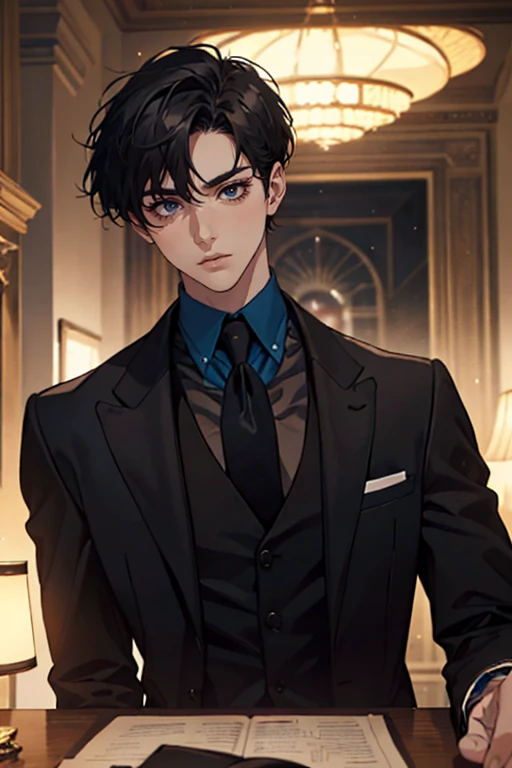 ((One young man with a black suit and tie)), alejandro, (((one side swept dark short neat hair))), ( blue eyes and thick eyebrows), ((30 years old)), ((masterpiece)), ((cinematic lighting)), relax look and smirk, waiting for someone