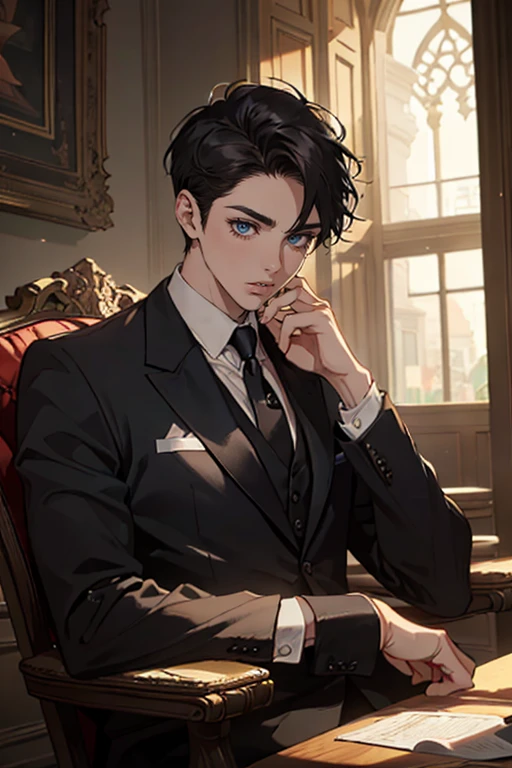 ((One young man with a black suit and tie)), alejandro, (((one side swept dark short neat hair))), ( blue eyes and thick eyebrows), ((30 years old)), ((masterpiece)), ((cinematic lighting)), relax look and smirk, waiting for someone