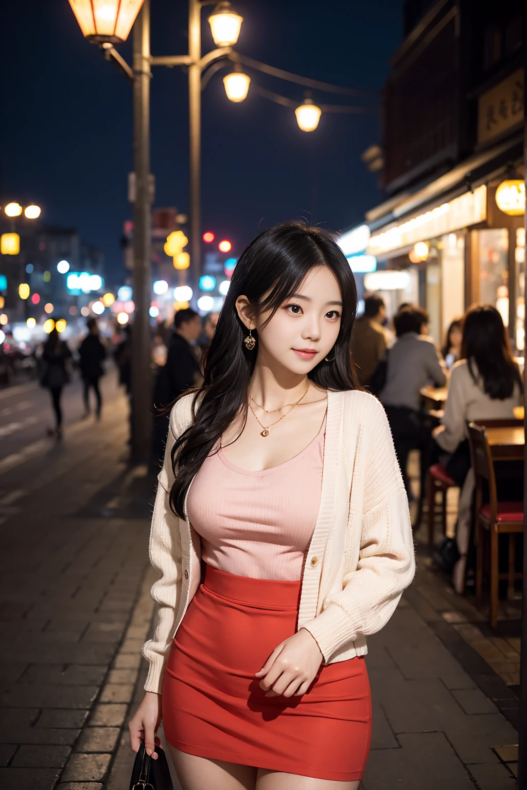 「Beautiful Japanese woman in her early 20s。Long, lightly wavy black hair style。A kind smile。She is wearing a tight pastel red dress.、A fitted top that accentuates large breasts、A tight skirt that accentuates the thighs and buttocks。Wear a thin white cardigan、She is wearing a small necklace and earrings。With clear skin、Photorealistic but with a touch of anime。Night city background、A date scene in front of a cafe or restaurant with shining illuminations。With a small handbag in her hand、Talking while walking。In a romantic atmosphere、Background with hazy light effect。Poses and angles that emphasize the female curves。」