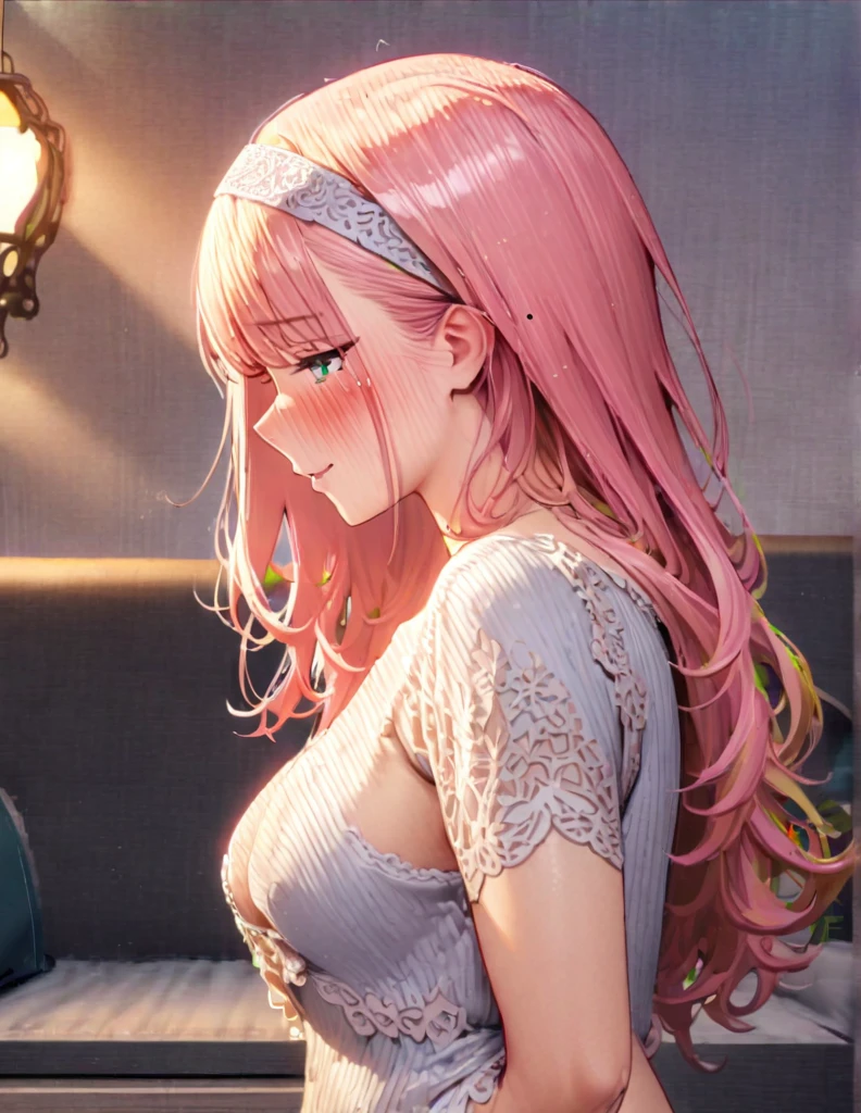 beautiful girl, long pink hair, beautiful face,smiling,close up to hips, beautiful breast, laying on stomach on bed,,illustration,detailed textures(realists),ultra-detailed,portrait style,vivid colors,soft lighting, blushing, mature, hair fluttering, evening light , head band, ((half body)), no bra, wearing intricate wedding dress, perky. ((side profile until hips)), very shy