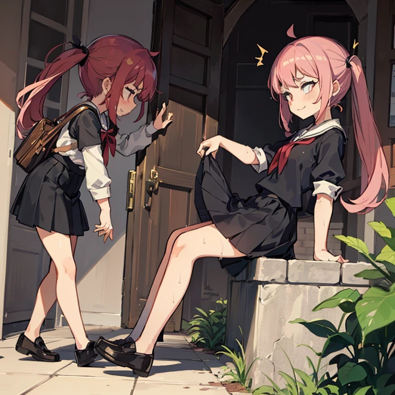 ( 4 diferent girls having sex),4 Girls with pink hair, long twintail hairstyle, ((small bushy eyebrows)), wearing gothic lolita clothing, lolicon , walking to school, flirty smile,, walking to school, bored look, bored face,, (sitting with legs open lifting her skirt to show her vagina wet with semen), (1 boy having sex with the girls, scaried young boy)
