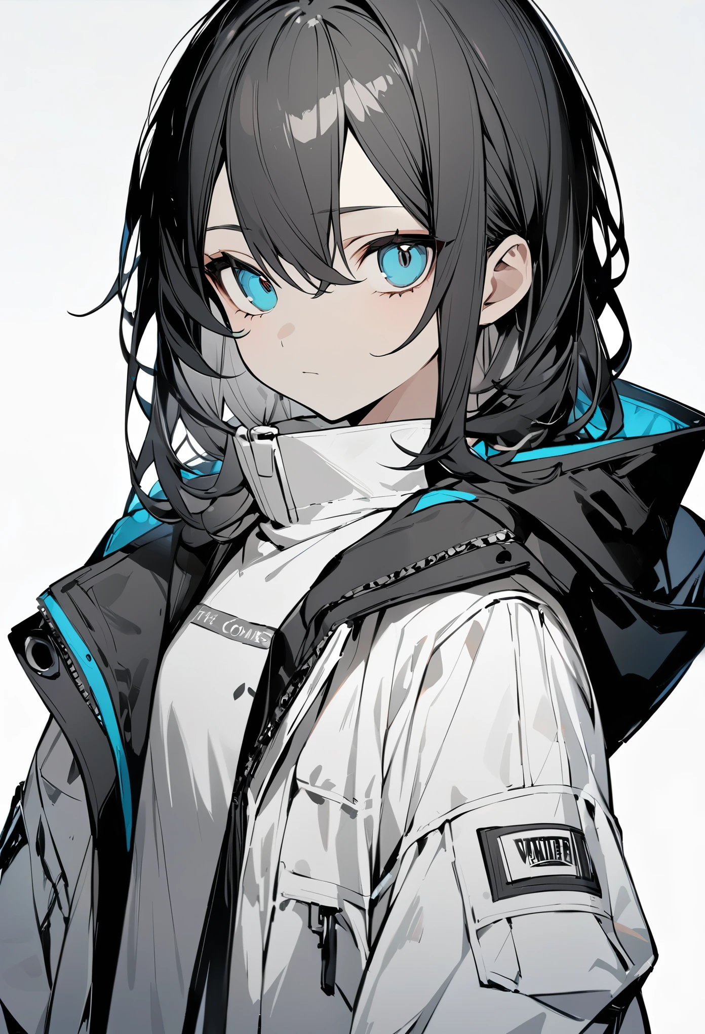 (Tabletop:1.2, Highest quality), [girl, coat, Expressionless, Turquoise Eyes, Positive, Jet black hair, The jacket comes off, Upper Body] (Gray white background:1.7),
