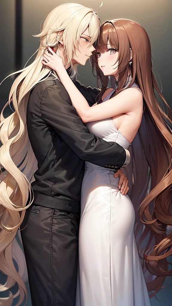 ((best qualityer)), ((anime lineart)), a tall woman with bangs and wavy hair, She is hugging a man with wavy hair with a strand of hair behind his right ear and also a strand of hair behind his left ear., his skin color is brown