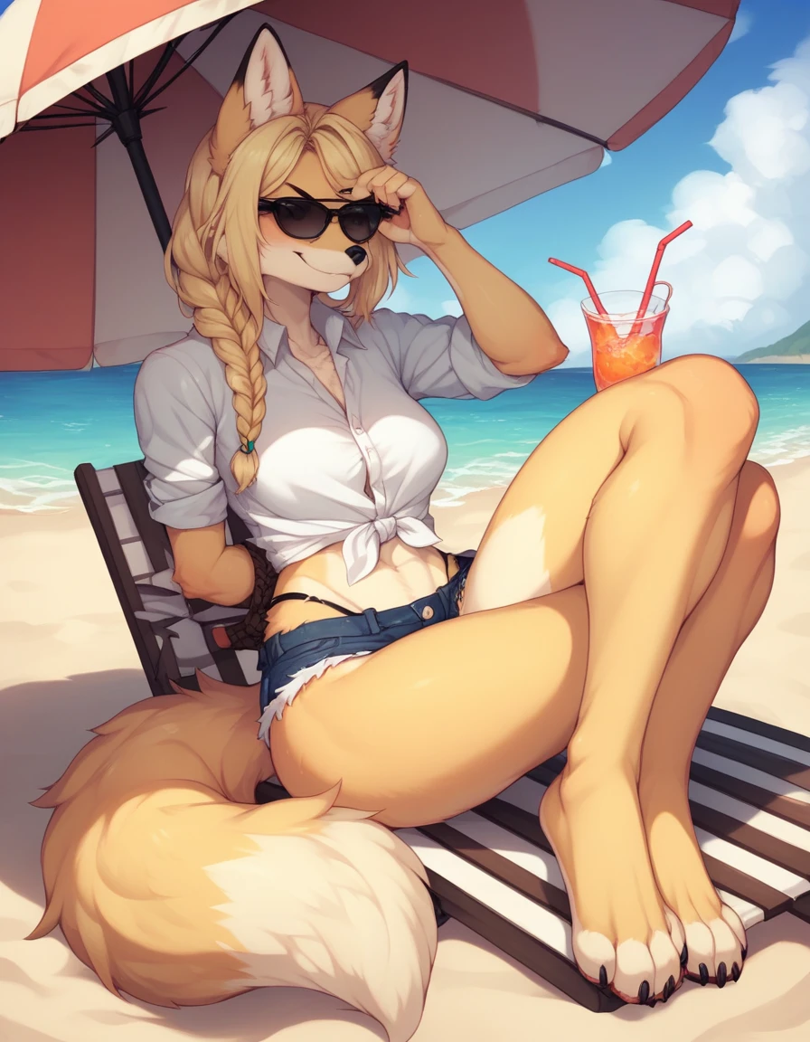Solo, Score_9, score_8_up, score_7_up, kemono style, Kimiko, An Anthro furry fox girl, yellow furry body, yellow fox tail , black nose, blonde hair, braided hair, wearing blue daisy dukes, white shirt tied up, visible thong, sunglasses, sunglasses covering eyes, smirking, outdoors, sunny day, looking away, majestic, at the beach, sitting on a chair under an umbrella, in front of a food stand, legs crossed, barefoot, toe ring, 4 toes, holding a cup of boba tear, drinking boba through a straw