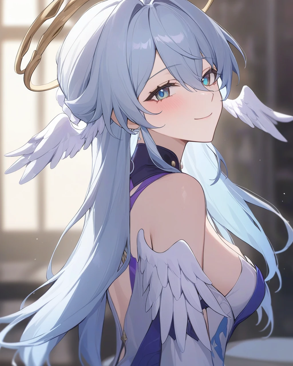 masterpiece,best quality,robin_(honkai:_star_rail), head_wings, angel, virtual_youtuber, 1girl, white_wings, looking_at_viewer, halo, wings, upper_body, solo, from_side, blurry_background, closed_mouth, dress, bare_shoulders, smile,얼굴이 빨개지는 , 한쪽 다리를 위로,다리 잡고