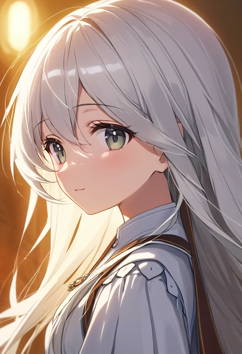 a peasant girl in a white dress, long hair, white hair, beautiful gray eyes, one small metal hairpin on hair, delicate facial features,detailed clothing, serene expression, warm lighting, (best quality,highres,masterpiece:1.2)highly detailed portrait,anime style