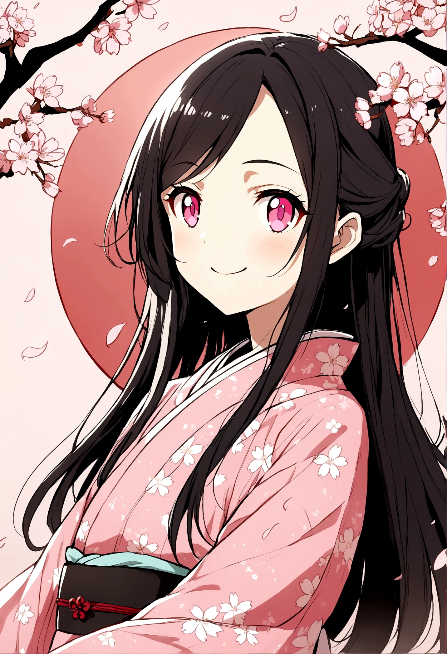 Anime woman, pink traditional kimono, Cherry blossom, Black long hair, smile, pink eyes, flat chest