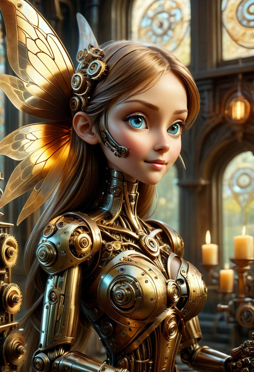 A robotic clockwork fairy. All bronze, gears, crAFTSMAN STYLE. GLASS WINGS. masterpiece, best quality, highly detailed, solo, looking at viewer, smile, mechaical face, face sculpted bronze. Ultra HD, Rococo-Inspired Fantasy Art With Intricate Details. Cute, Charming Expression, Alluring-Gaze, looking at viewer Beautiful Eyes, An-Ideal-Figure. . slim waist, fit body, Warm lightssymmetrical face, photorealistic, photography, path tracing, specular lighting, volumetric face light, path traced hairmaximum quality{(masutepiece) (8K High Resolution) (top-quality) In the style of breath of the wild.medieval monastery garden,steampunk craftsman robot monk,beautiful ornate architecture,steampunk machinery and gears,exquisite stained glass windows,enchanted flower garden,ancient stone walkway with intricate carvings,glowing candles and dimly lit atmosphere,steam and smoke billowing from the machinery,mystical atmosphere,peaceful and serene setting,mechanical wings attached to the robot monk's back,robot monk with intricate clockwork mechanisms,electromechanical eyes glowing with energy,warm golden color palette,gentle sunlight streaming through the stained glass windows,whispering sound of wind and rustling leaves,the scent of aged books and incense,notes of ancient Gregorian chants echoing in the air,sense of awe and tranquility,combination of futuristic and medieval elements,harmony of technology and spirituality.
