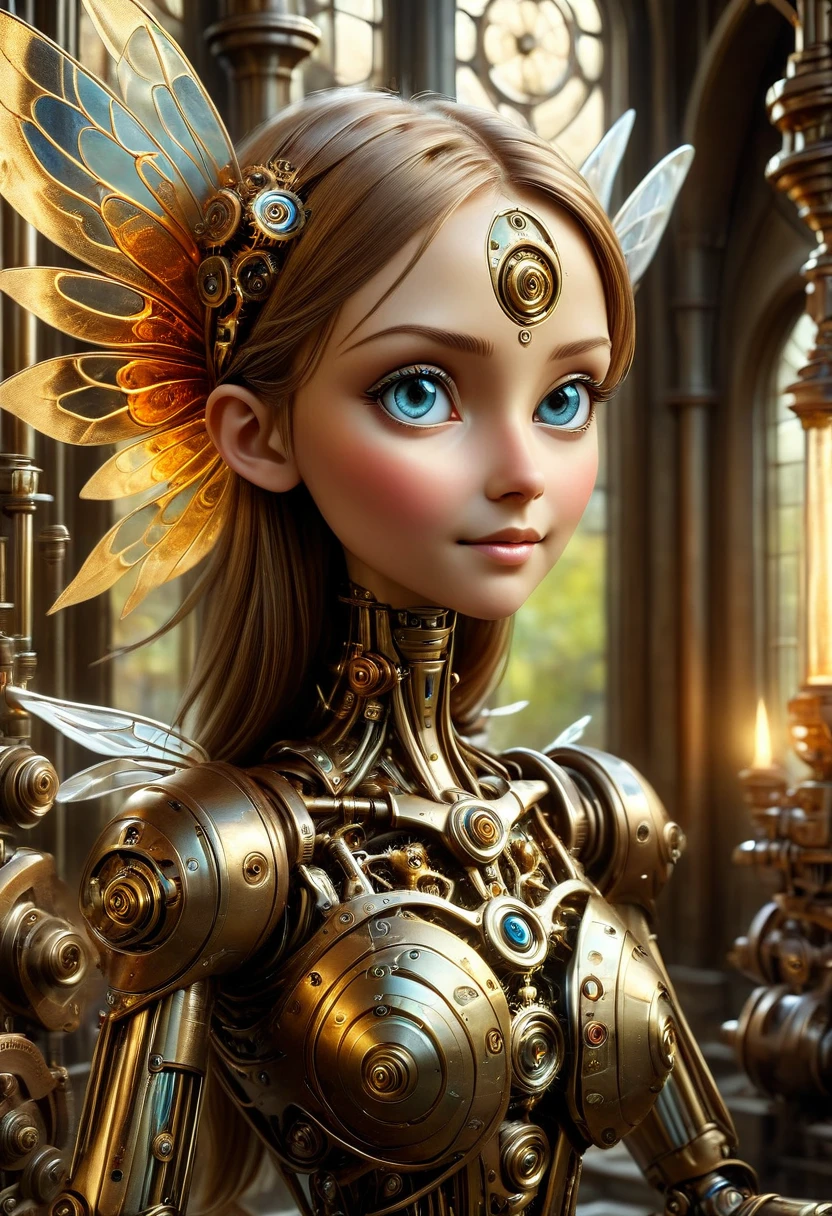 A robotic clockwork fairy. All bronze, gears, crAFTSMAN STYLE. GLASS WINGS. masterpiece, best quality, highly detailed, solo, looking at viewer, smile, mechaical face, face sculpted bronze. Ultra HD, Rococo-Inspired Fantasy Art With Intricate Details. Cute, Charming Expression, Alluring-Gaze, looking at viewer Beautiful Eyes, An-Ideal-Figure. . slim waist, fit body, Warm lightssymmetrical face, photorealistic, photography, path tracing, specular lighting, volumetric face light, path traced hairmaximum quality{(masutepiece) (8K High Resolution) (top-quality) In the style of breath of the wild.medieval monastery garden,steampunk craftsman robot monk,beautiful ornate architecture,steampunk machinery and gears,exquisite stained glass windows,enchanted flower garden,ancient stone walkway with intricate carvings,glowing candles and dimly lit atmosphere,steam and smoke billowing from the machinery,mystical atmosphere,peaceful and serene setting,mechanical wings attached to the robot monk's back,robot monk with intricate clockwork mechanisms,electromechanical eyes glowing with energy,warm golden color palette,gentle sunlight streaming through the stained glass windows,whispering sound of wind and rustling leaves,the scent of aged books and incense,notes of ancient Gregorian chants echoing in the air,sense of awe and tranquility,combination of futuristic and medieval elements,harmony of technology and spirituality.
