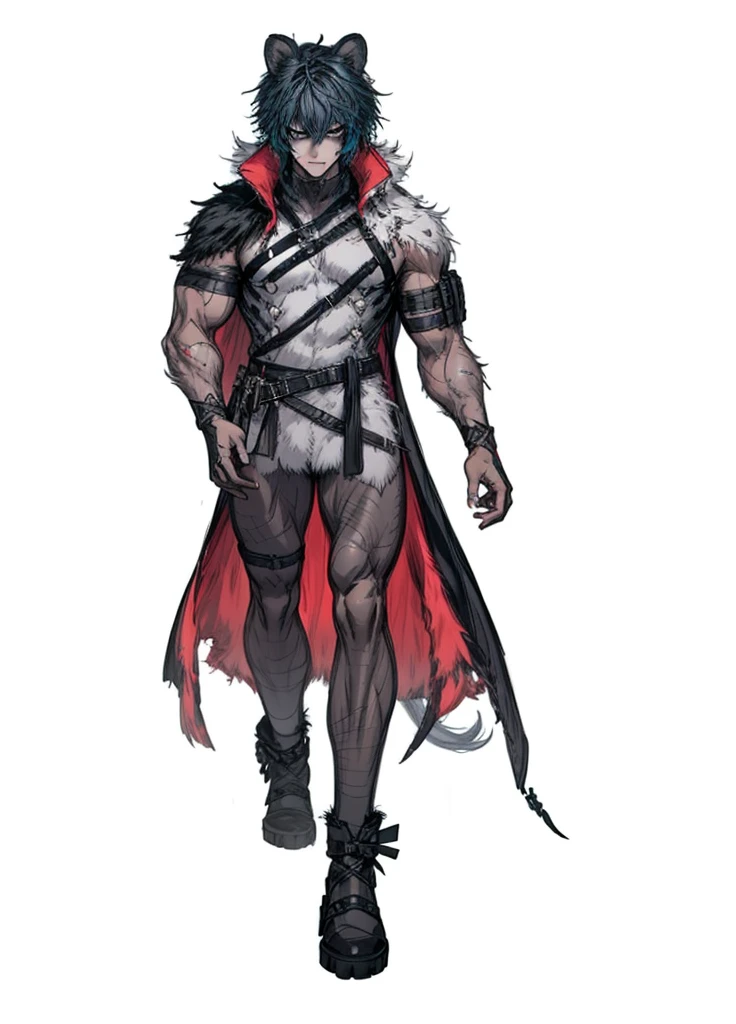 1boy , half-beast, fur-covered body, furry tail, weapon, (high resolution, high detail, best quality),alone,muscular, serious