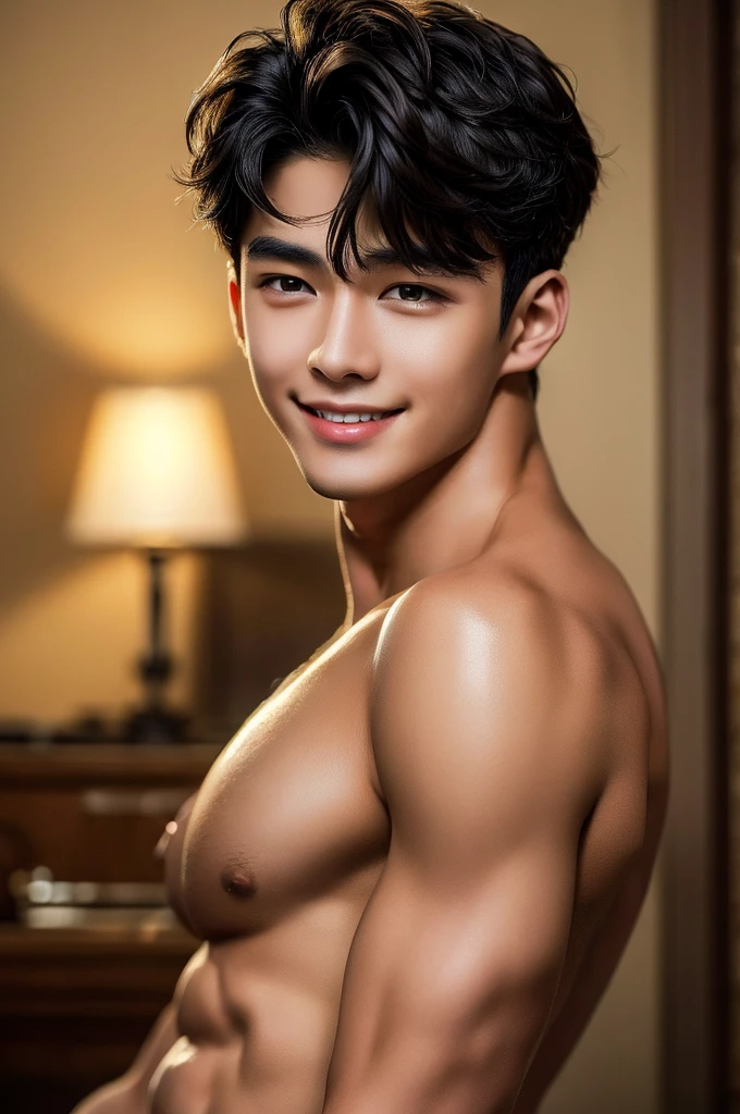 (Masterpiece、Perfect beauty), (Young Man, Black short hair, smile), Luxury,Warm, subdued lighting,