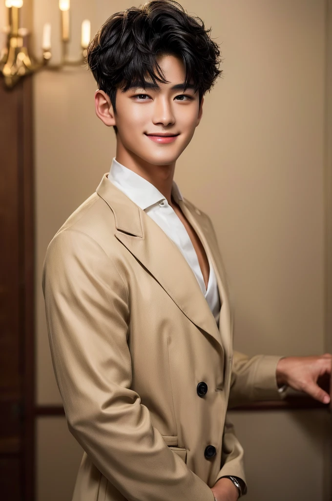 (Masterpiece、Perfect beauty), (Young Man, Black short hair, smile), Luxury,Warm, subdued lighting,
