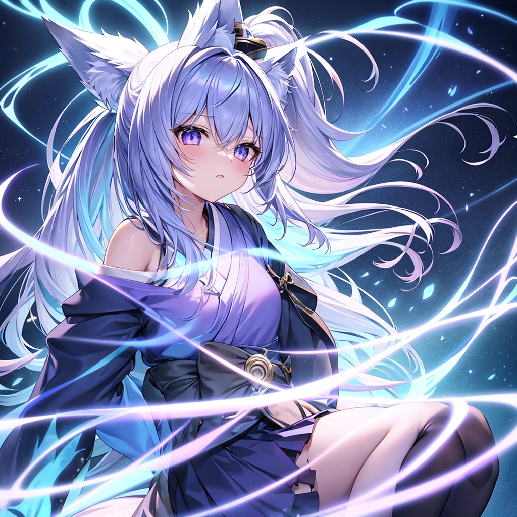 A girl in her twenties with blue-white hair, blue-purple gradient pupils, a small tail, and a fox-girl robe. girl, kimono, ponytail ,gray hair, purple eyes, magic circle, blue fire, blue flame, wallpaper, landscape, Blood, Blood splatter, Depth of the bounds written, night, particles of light, light, side light, thighs, destiny \(series\), genshin impact, open jacket, skirt, Thighhighs, cloud　Anime Style　fox　blue　White-faced golden-haired nine-tailed fox　Coat blue　Blue Moon　Red Moon　mysterious background　Blue Flame　Anime Style　fox　blue　White-faced golden-haired nine-tailed fox　Coat blue　　　mysterious background　Blue Flame　Anime Style　A girl with long blonde hair and fox ears is standing in front of a full moon, Blue haired wolf girl, A very beautiful anime fox girl, Ahri, Beautiful fox woman, Anime Wallpaper, Blue Fire Power, Fox Three-tailed fox, Anime Wallpaper, Beautiful Heavenly Magician　Indigo and white fur　Beastman Fox Indigo　mysterious background　Blue Flame　Beastman　Beautiful eyes、Beautiful eyes　Well-formed face　Floating Mysterious Sphere　Clench your fists
