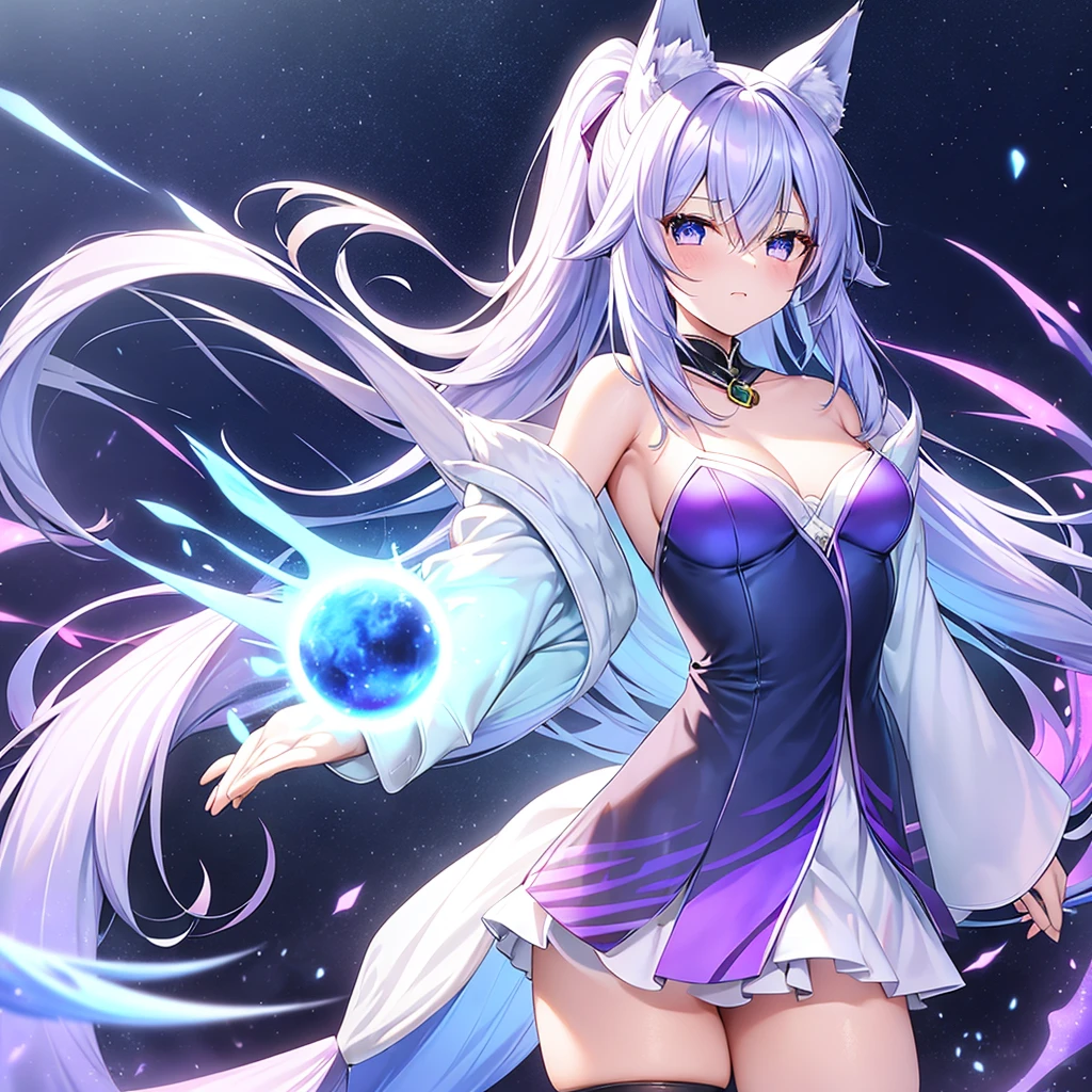 A girl in her twenties with blue-white hair, blue-purple gradient pupils, a small tail, and a fox-girl robe. girl, kimono, ponytail ,gray hair, purple eyes, magic circle, blue fire, blue flame, wallpaper, landscape, Blood, Blood splatter, Depth of the bounds written, night, particles of light, light, side light, thighs, destiny \(series\), genshin impact, open jacket, skirt, Thighhighs, cloud　Anime Style　fox　blue　White-faced golden-haired nine-tailed fox　Coat blue　Blue Moon　Red Moon　mysterious background　Blue Flame　Anime Style　fox　blue　White-faced golden-haired nine-tailed fox　Coat blue　　　mysterious background　Blue Flame　Anime Style　A girl with long blonde hair and fox ears is standing in front of a full moon, Blue haired wolf girl, A very beautiful anime fox girl, Ahri, Beautiful fox woman, Anime Wallpaper, Blue Fire Power, Fox Three-tailed fox, Anime Wallpaper, Beautiful Heavenly Magician　Indigo and white fur　Beastman Fox Indigo　mysterious background　Blue Flame　Beastman　Beautiful eyes、Beautiful eyes　Well-formed face　Floating Mysterious Sphere　Clench your fists
