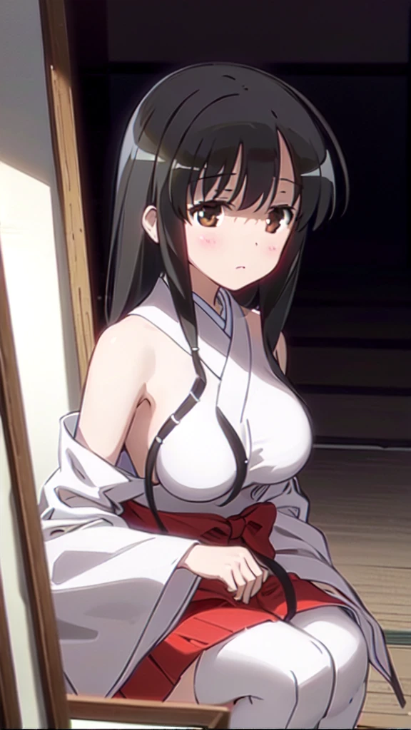 source_anime, rating_explicit, BREAK, iwato kasumi, 1girl, (huge breasts:1.2), areola slip, sitting, seiza, Japanese style room,tatami,shoji,futon,yukata, black hair, low-tied long hair, low ponytail, low-tied sidelocks, tied hair, brown eyes, tareme, blush, looking at viewer, cowboy shot, night, night sky, BREAK, anime screencap, megami magazine, very aesthetic, absurdres, amazing quality, midnight lighting, room light off