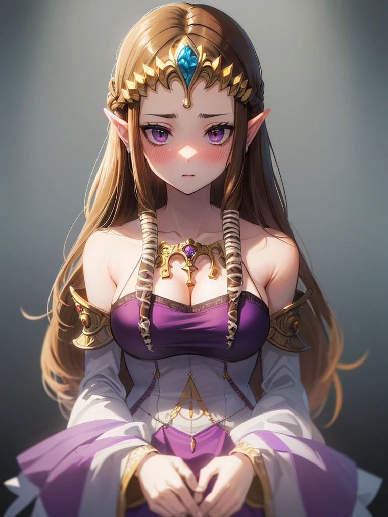 ((((Very beautiful mature woman)))),((surprised),((Scared)),((valley)),((((Exposed shoulders)))),(((look up))),,(((Golden hair ornament)),,(((Long Hair)))),((Big Breasts)),((((Exposed shoulders)))),((Front Face)),Princess Zelda, ((Highest quality)),,(Very detailed) ,,((Purple blouse)),Brown Hair,((Embarrassed look)),Blushing, ((Highest quality)), (Very detailed), ,(((Dark brown hair))),Nintendo, (Straight hair), face,Blushing,((alone)), ((Highest quality)), (Very detailed), ,