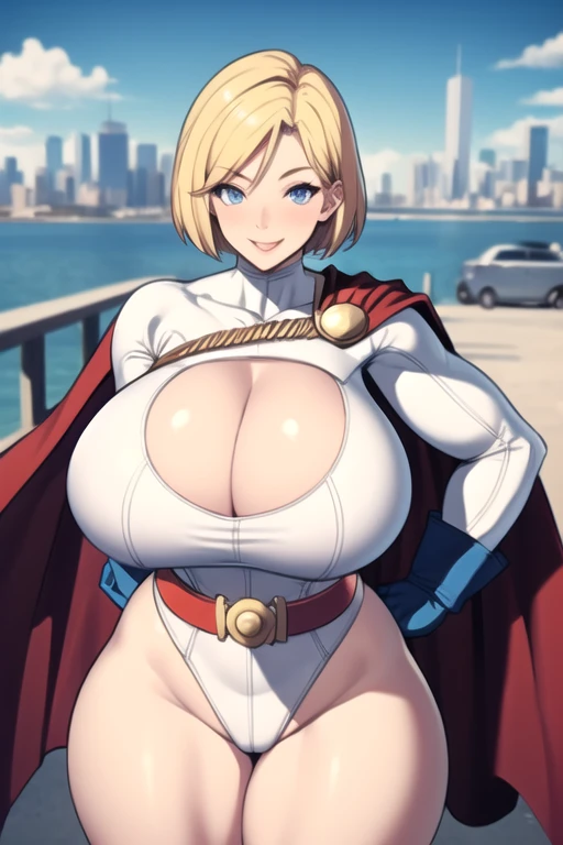 masterpiece, Highest quality,  POWERGIRL, Cape, leotard, Cleavage cutout, Long sleeve, Blue gloves, Red Belt, Huge breasts, city, View your viewers, Cowboy Shot, Captivating smile, Put your hands on your hips, Curvy, Blonde, blue eyes