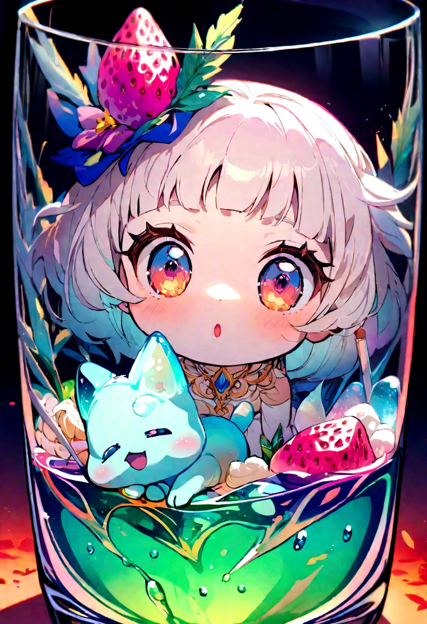 Ultra detailed, HDR, Highres, absurdres, master piece, white sheep, expressive blue eyes, glass, ice glittering butterflies, ice, petals, pink ice glass flowers, cute, glittering, water, fantasy, magical, snowflakes, cold, small and cute,