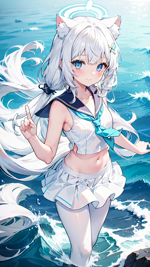 Sailor Suit，Navel，girl，White pantyhose，White hair，Long hair，Cat ear，Heterochromia blue-yellow，Smile，Female face，There are bright spots in the eyes，White little hands，Normal fingers，flat chest，Standing on the sea，Blue ring halo，White skirt，Blue long tie