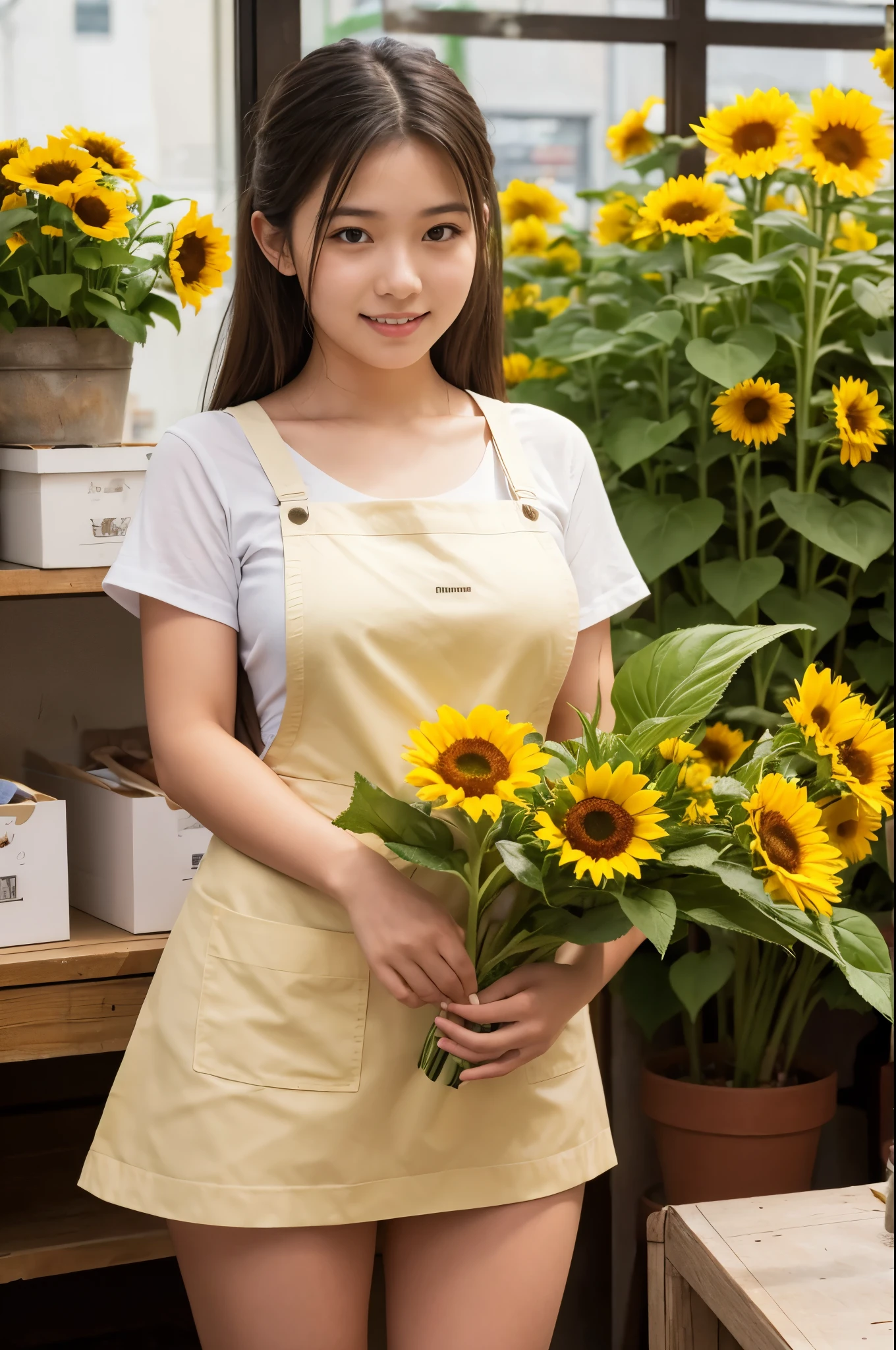 A 20-year-old girl working at a flower shop（Wearing a miniskirt and apron）have a sunflower