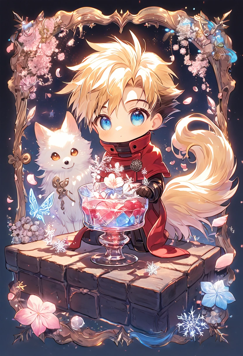 Ultra detailed, HDR, Highres, absurdres, master piece, Vash Stampede chibi, blond hair, expressive blue eyes, red clothes, Trigun, white fox, Ninetales, expressive blue eyes, glass, ice glittering butterflies, ice, petals, pink ice glass flowers, cute, glittering, water, fantasy, magical, snowflakes, cold, small and cute, glass