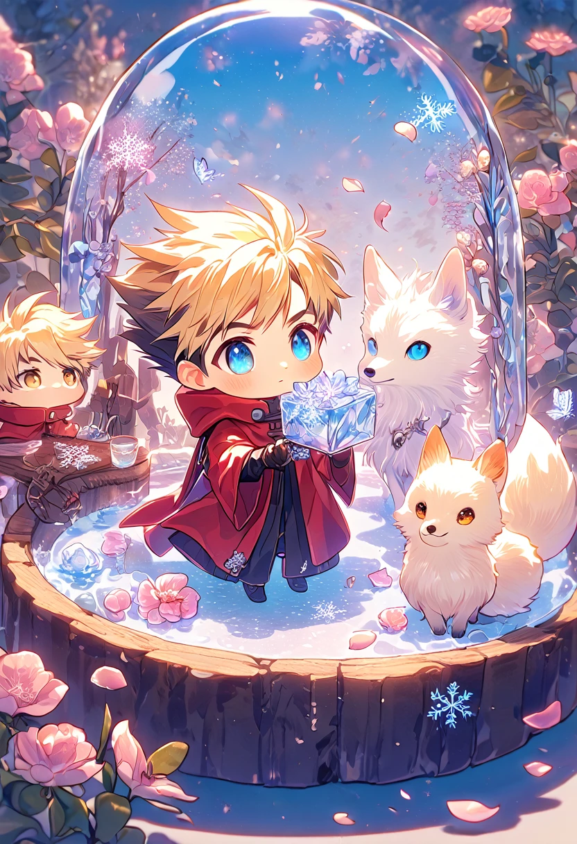 Ultra detailed, HDR, Highres, absurdres, master piece, Vash Stampede chibi, blond hair, expressive blue eyes, red clothes, Trigun, white fox, Ninetales, expressive blue eyes, glass, ice glittering butterflies, ice, petals, pink ice glass flowers, cute, glittering, water, fantasy, magical, snowflakes, cold, small and cute, glass