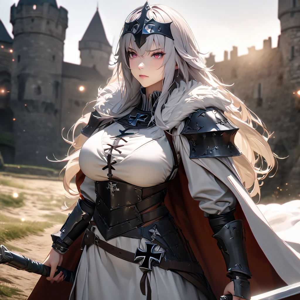 A woman wearing medieval Teutonic armor, wearing a white tunic, black iron cross drawn on the tunic, metal bracelet, metal boots, holding a steel sword,Teutonic Helm, white fur cape, long cape, large breasts, burgundy eyes, silver hair , long hair, serious face, on a dirt walk in an open medieval field, with medieval aesthetics of the place, castle in the background.UHD , prime work , accurate , anatomically correct , textured skin , super details , high quality , best quality, 8k, high resolution, bokeh effect. (woman alone),close view. realistic
