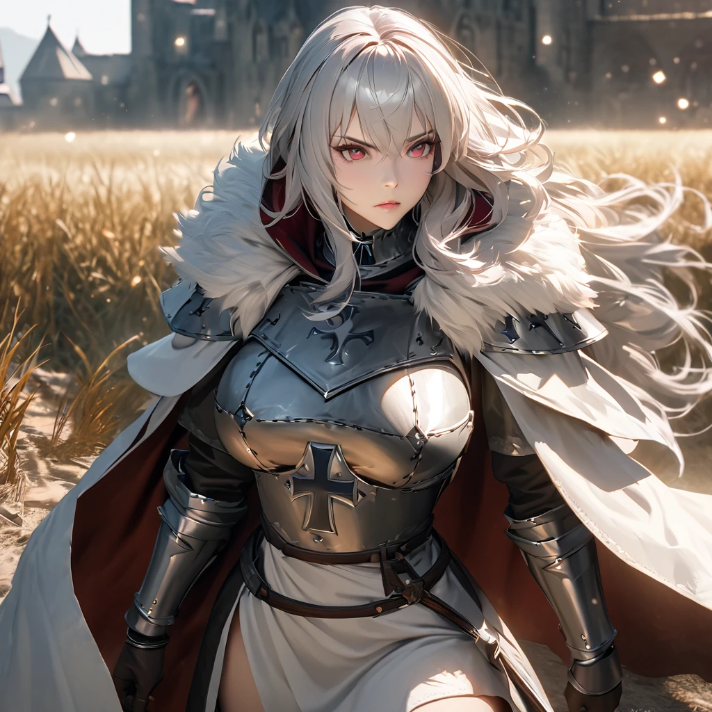 A woman wearing medieval Teutonic armor, wearing a white tunic, black iron cross drawn on the tunic, metal bracelet, metal boots, holding a steel sword,Teutonic Helm, white fur cape, long cape, large breasts, burgundy eyes, silver hair , long hair, serious face, on a dirt walk in an open medieval field, with medieval aesthetics of the place, castle in the background.UHD , prime work , accurate , anatomically correct , textured skin , super details , high quality , best quality, 8k, high resolution, bokeh effect. (woman alone),close view. realistic
