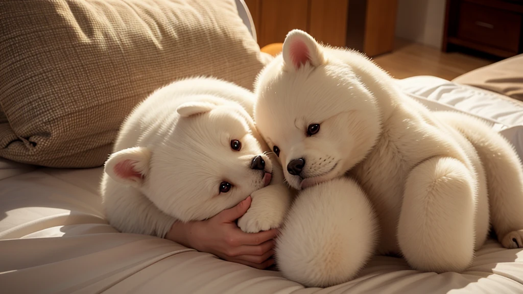 there is a white bear that is sleeping on a cloud, Sweet dreams, sleep with love, sleepy, Trending on cgstation, sleep, sleeping, dream-like night, dream-like, .. if only i could sleep, DreamWorks Animation Style, good night, Cold Night, Anime movies, Vojtek Fuss, Dreamtime, Anime movies, dream-like illustration, Cute 3D rendering,Two dogs hugging each other