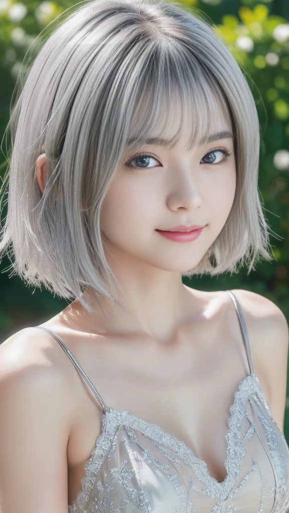 a cute ultra young japanese girl, extremely detailed face, NO makeup,beautiful eyes with long eyelashes, charming eyes,dropped eyes,small delicate nose, lovely smiling lips, (short silver hair:1.5), (porcelain white skin, wearing a lacy one-piece dress, slender figure:1.25), (best quality,4k,8k,highres,masterpiece:1.2),ultra-detailed,(realistic,photorealistic,photo-realistic:1.37),HDR,UHD,studio lighting,ultra-fine painting,sharp focus,physically-based rendering,extreme detail description,professional,vivid colors,bokeh,portraits,soft pastel colors,natural lighting,cinematic composition
