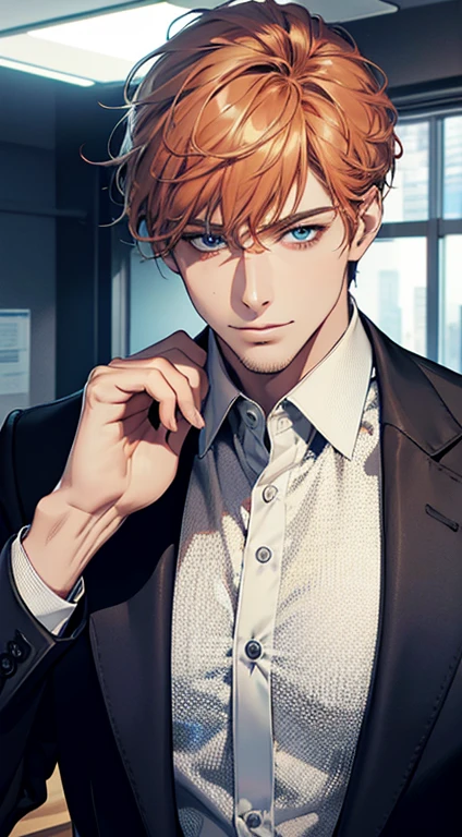 (best quality,4k,8k,highres,masterpiece:1.2),ultra-detailed,(realistic,photorealistic,photo-realistic:1.37),1 man,31 years old,mature man,very handsome,without expression,smile,short grey b
Orange hair,blue eyes,penetrating gaze,perfect face without errors,imposing posture,businessman,office background,cinematic lighting,hdr image