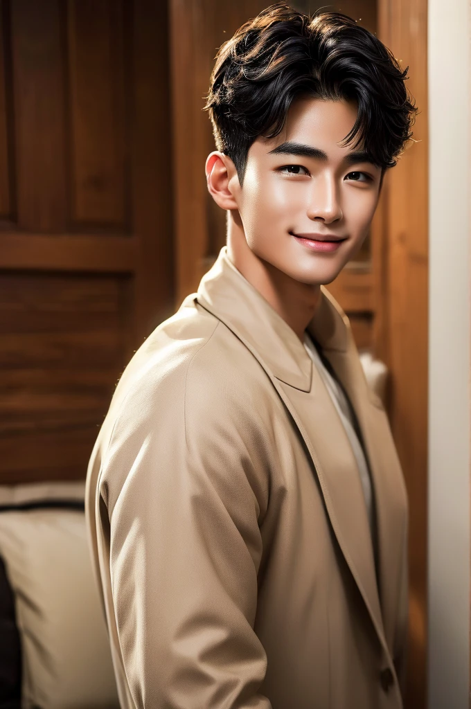 (Masterpiece、Perfect beauty), (Young Man, Black short hair, smile), Luxury,Warm, subdued lighting,