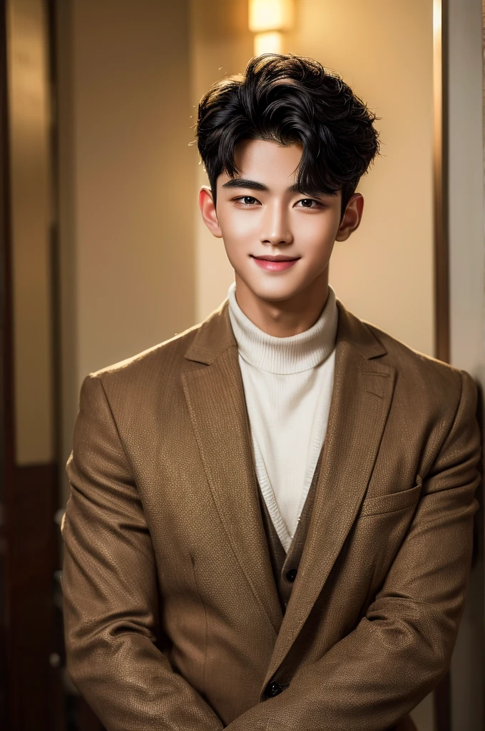 (Masterpiece、Perfect beauty), (Young Man, Black short hair, smile), Luxury,Warm, subdued lighting,