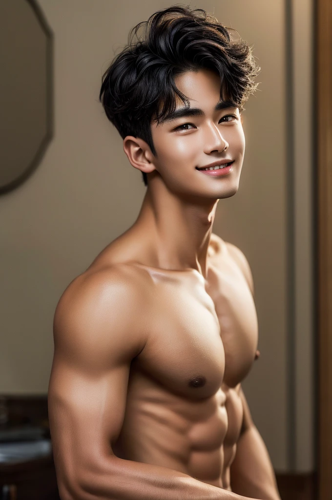 (Masterpiece、Perfect beauty), (Young Man, Black short hair, smile), Luxury,Warm, subdued lighting,