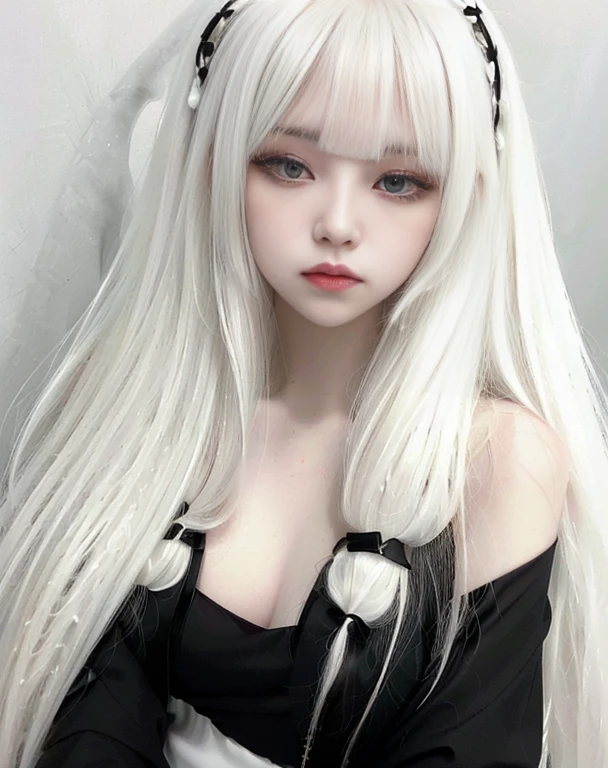 blonde-haired girl with long hair and a black dress, long white hair and bangs, white hime cut hairstyle, white bangs, Perfect white hair girl, with long white hair, cabello con white bangs, pale porcelain white skin, pale fur, cruel korean gothic girl, pale gothic beauty, girl with white hair, with long white hair, ulzzang
