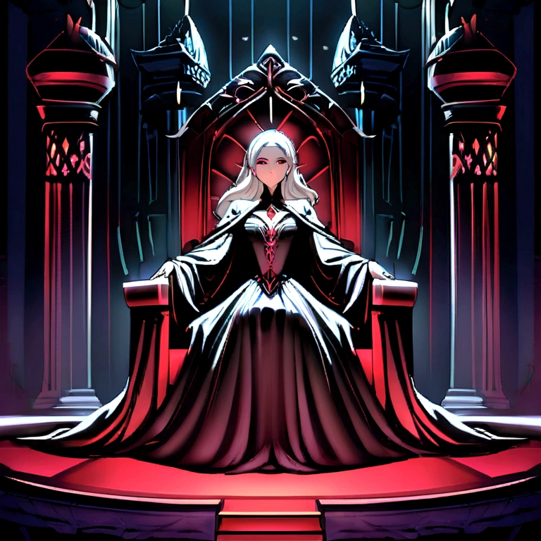 Description of the Vampire Empress, Progenitor, Sitting on her Throne in the Dark Palace:She is sitting on her throne in the main hall of the palace, surrounded by an atmosphere that exudes mystery and supernatural power. Her snow-white hair falls in soft waves over her shoulders., contrasting dramatically with her pale, flawless skin. Your eyes are deep red like rubies, emanating a hypnotic glow that reveals his ancestry and his absolute nce over all vampires.Dressed in a long black velvet dress, richly decorated with details of silver and black pearls that glitter eerily in the light of the candles and torches around it, she embodies the dark elegance and power that permeates her shadow realm. Every detail of your outfit highlights your slender and attractive figure., as she stands tall with a posture that commands respect and awe.The palace hall is a dark stone Gothic fortress, with massivelumns of black marble that seem to merge with the surrounding shadows. Tapestries adorn the walls, depicting scenes of war and victory that echo throughout the centuries of his vampiric reign. Torchlight creates a play of dancing shadows, enhancing the feeling of mystery and grandeur of the environment.She reigns on her throne with a domineering presence and a silence that is more eloquent than words.. His eyes sweep the hall with a gaze that reveals his immortal wisdom and a power that transcends the limits of mortality.. Every gesture is calculated and full of meaning, as she rules her dark kingdom with an authority that is both feared and revered by all who serve her.