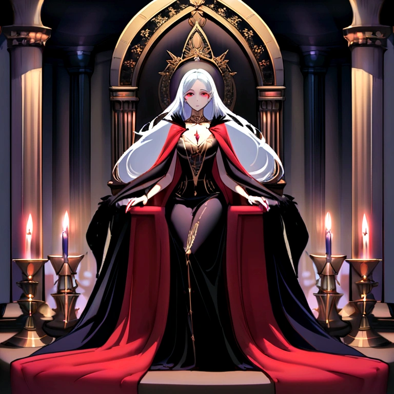 Description of the Vampire Empress, Progenitor, Sitting on her Throne in the Dark Palace:She is sitting on her throne in the main hall of the palace, surrounded by an atmosphere that exudes mystery and supernatural power. Her snow-white hair falls in soft waves over her shoulders., contrasting dramatically with her pale, flawless skin. Your eyes are deep red like rubies, emanating a hypnotic glow that reveals his ancestry and his absolute dominance over all vampires.Dressed in a long black velvet dress, richly decorated with details of silver and black pearls that glitter eerily in the light of the candles and torches around it, she embodies the dark elegance and power that permeates her shadow realm. Every detail of your outfit highlights your slender and attractive figure., as she stands tall with a posture that commands respect and awe.The palace hall is a dark stone Gothic fortress, with massive columns of black marble that seem to merge with the surrounding shadows. Tapestries adorn the walls, depicting scenes of war and victory that echo throughout the centuries of his vampiric reign. Torchlight creates a play of dancing shadows, enhancing the feeling of mystery and grandeur of the environment.She reigns on her throne with a domineering presence and a silence that is more eloquent than words.. His eyes sweep the hall with a gaze that reveals his immortal wisdom and a power that transcends the limits of mortality.. Every gesture is calculated and full of meaning, as she rules her dark kingdom with an authority that is both feared and revered by all who serve her.