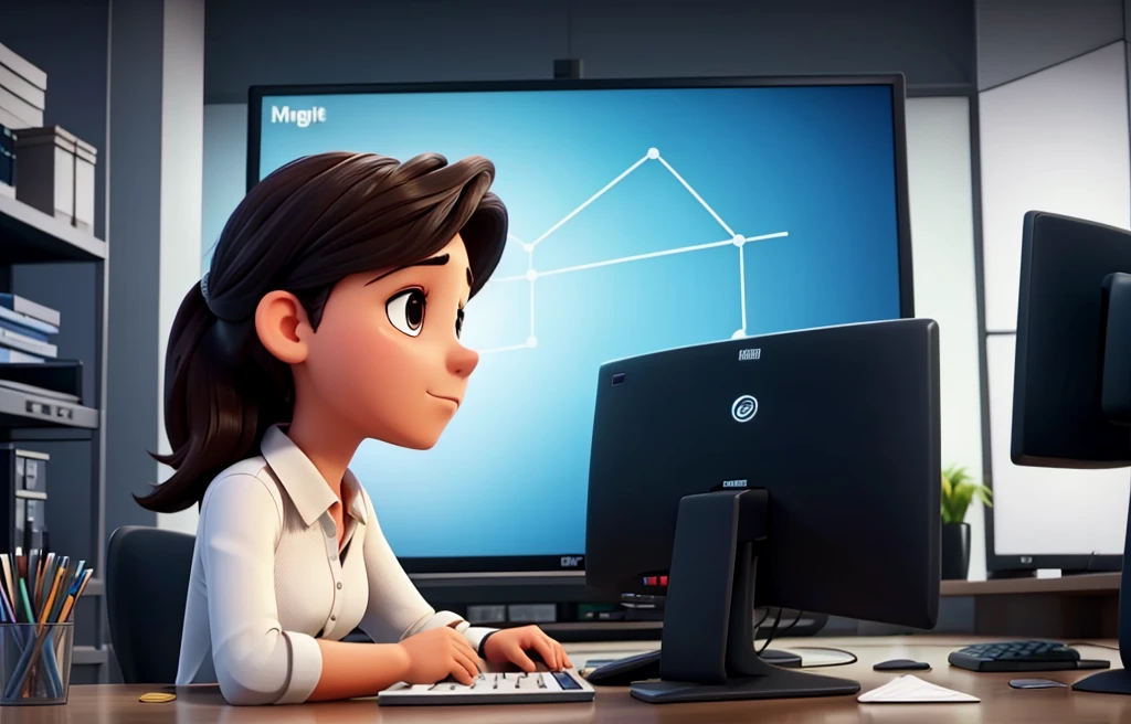 Joven mirando frente a un computador buscando Marketing Digital. Leave a phrase that says: Marketing Digital 
