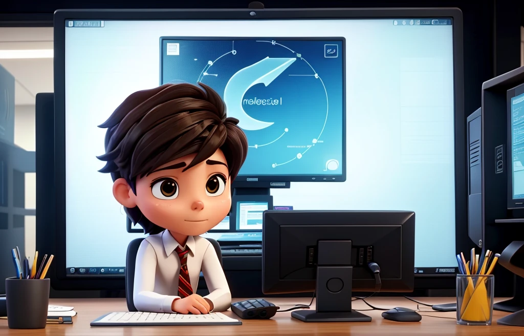 Joven mirando frente a un computador buscando Marketing Digital. Leave a phrase that says: Marketing Digital