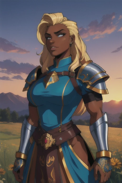 (masterpiece,best quality,absurdres,beautiful,aesthetic,detailed,cell shading),fantasy,1girl,dark skin,very long hair,undercut,blonde hair,solo focus,cowboy shot,wearing ornate armor,tabard,outside,field,sunset,gauntlets