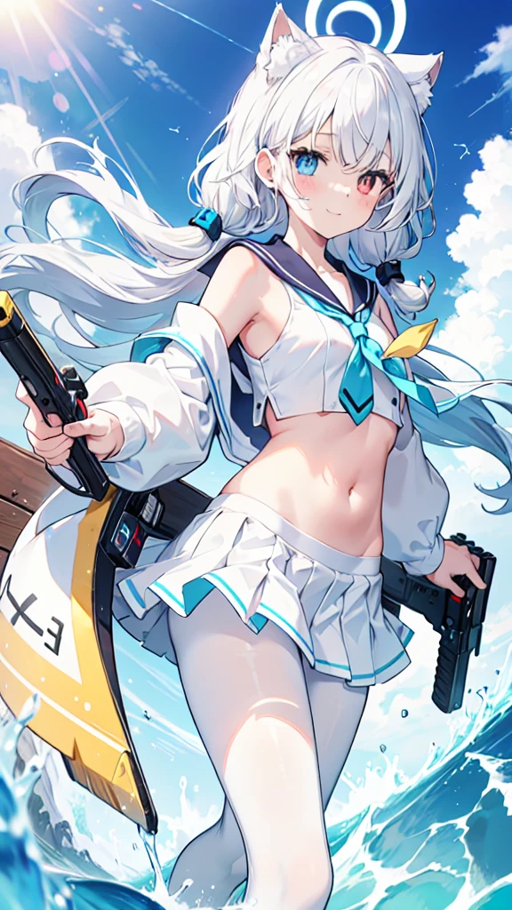 Sailor Suit，Navel，girl，White pantyhose，White hair，Long hair，Cat ear，Heterochromia blue-yellow，Smile，Female face，There are bright spots in the eyes，White little hands，Normal fingers，flat chest，Standing on the sea，Blue ring halo，White skirt，Blue long tie，With a firearm