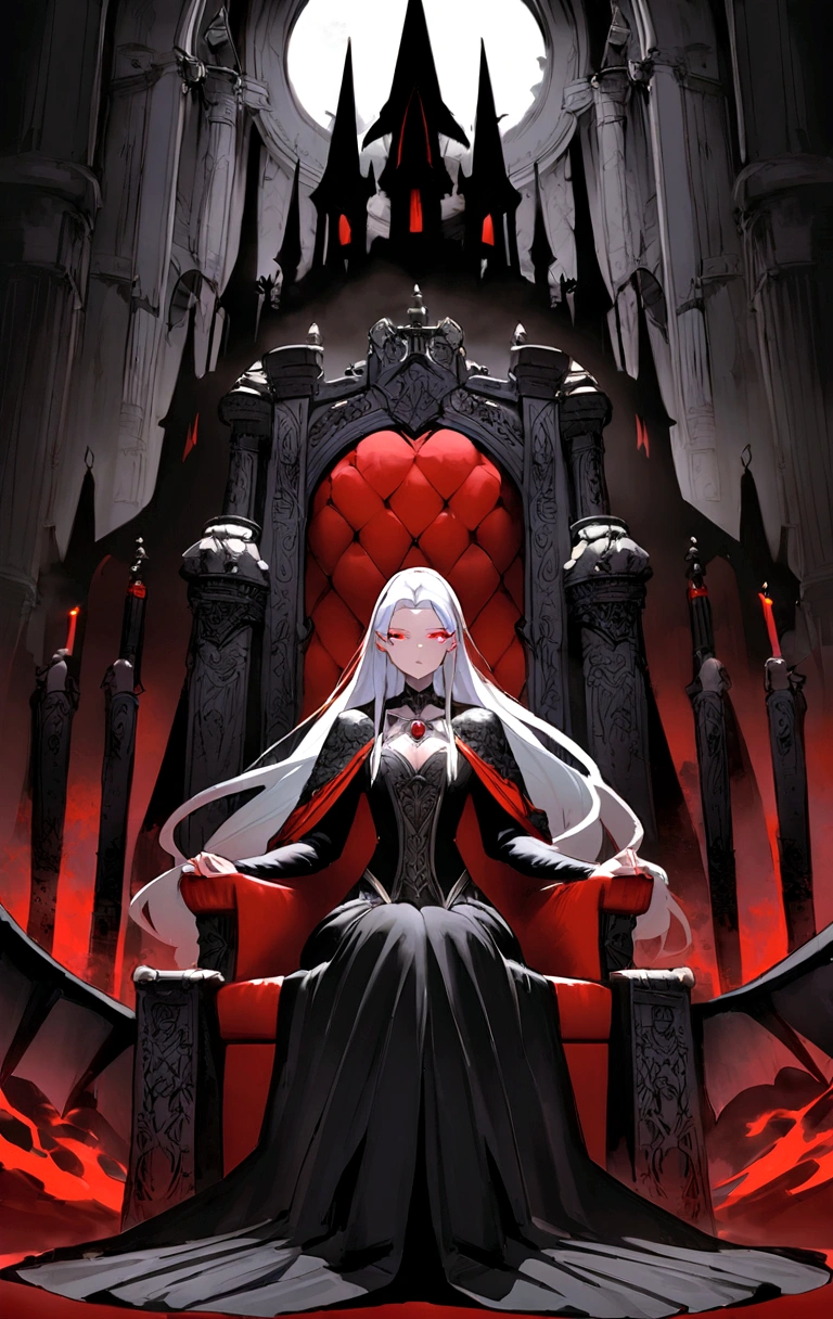 Description of the Vampire Empress, Progenitor, sitting on her throne:She is sitting on her throne in the main hall of the palace, radiating a presence that combines majesty and an aura of supernatural power. Her snow-white hair falls in soft waves over her shoulders., contrasting with her pale, perfect skin. Your eyes are deep red like rubies, emitting a hypnotic glow that reveals its ancient nature and its dominance over all vampires.Dressed in a long black velvet dress, richly adorned with silver and pearl details that sparkle in the candlelight and torches surrounding it, she embodies elegance and power that transcends centuries. Every detail of your outfit highlights your slender and attractive figure., as she stands tall with a posture that commands respect and reverence.The palace hall is a masterpiece of Gothic architecture, with imposing black marble columns and tapestries that depict the epic story of his reign over vampires. The light from the torches creates a play of shadows and reflections on the walls adorned with ancestral symbols and emblems of vampiric power..She dominates her throne with sovereign serenity, his eyes sweeping the hall with a gaze that reveals his immortal wisdom and a power that transcends the limits of time. Every gesture is deliberate and full of meaning, as she rules her dark kingdom with an authority that is both feared and revered by all who serve her.