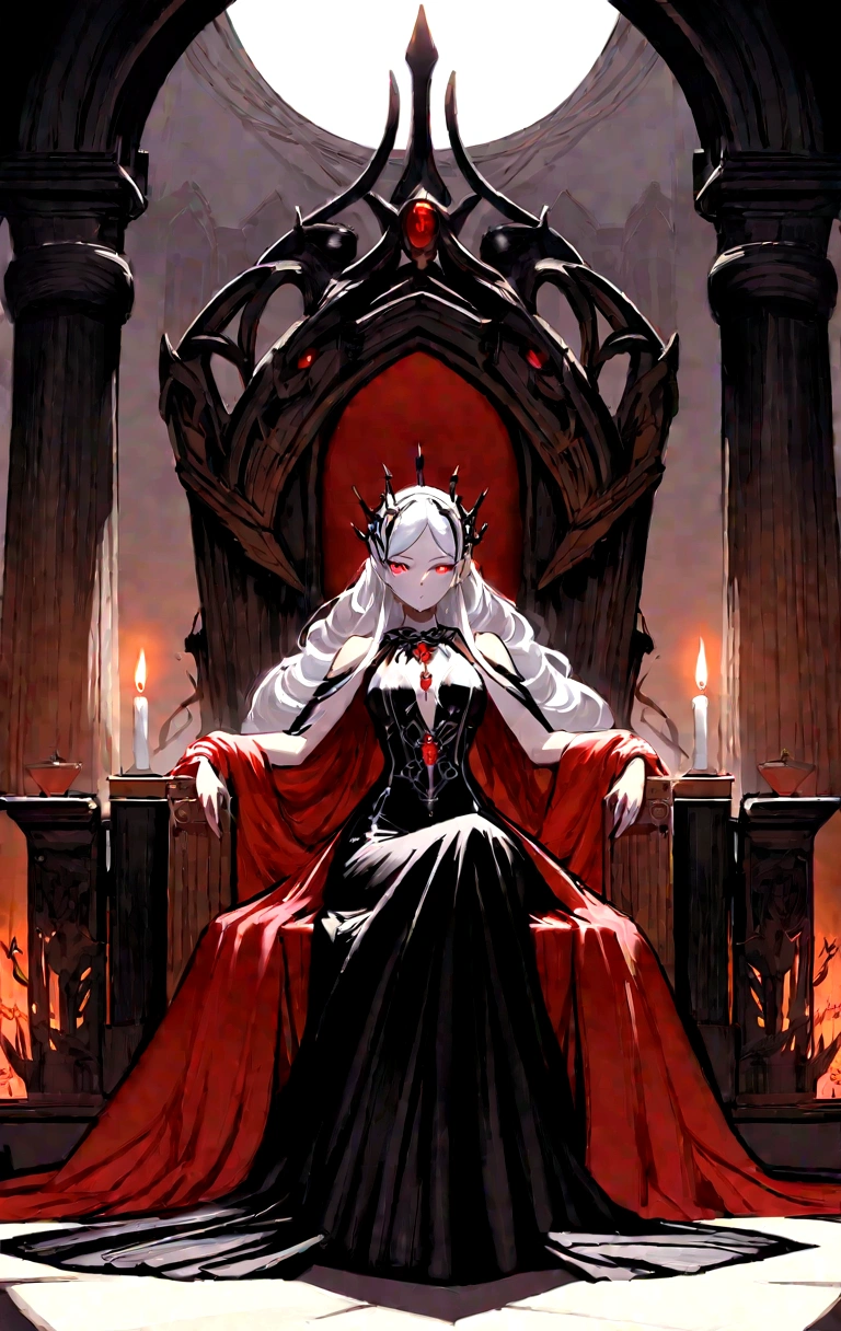 Description of the Vampire Empress, Progenitor, sitting on her throne:She is sitting on her throne in the main hall of the palace, radiating a presence that combines majesty and an aura of supernatural power. Her snow-white hair falls in soft waves over her shoulders., contrasting with her pale, perfect skin. Your eyes are deep red like rubies, emitting a hypnotic glow that reveals its ancient nature and its dominance over all vampires.Dressed in a long black velvet dress, richly adorned with silver and pearl details that sparkle in the candlelight and torches surrounding it, she embodies elegance and power that transcends centuries. Every detail of your outfit highlights your slender and attractive figure., as she stands tall with a posture that commands respect and reverence.The palace hall is a masterpiece of Gothic architecture, with imposing black marble columns and tapestries that depict the epic story of his reign over vampires. The light from the torches creates a play of shadows and reflections on the walls adorned with ancestral symbols and emblems of vampiric power..She dominates her throne with sovereign serenity, his eyes sweeping the hall with a gaze that reveals his immortal wisdom and a power that transcends the limits of time. Every gesture is deliberate and full of meaning, as she rules her dark kingdom with an authority that is both feared and revered by all who serve her.
