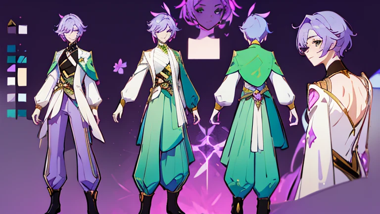 (Masterpiece, best quality), detailed, 1 woman, ((character concept art)), ((character design sheet, same character, front, side, back)), full body, body complete, 1 female, 1 women. Detailed face, character design sheet full body, Highly detailed, character sheet, character design, Many parts, pale skin, green eyes, short purple hair, male hairstyle, short male hair, lavender flower, lavender flower reference, lavender flower character reference, lavender flower inspired, male clothes, male clothing, flat chest, Solarpunk, Solarpunk reference, Solarpunk inspired outfit, pants, white, gold, pastel purple, dark green outfit color palette.
