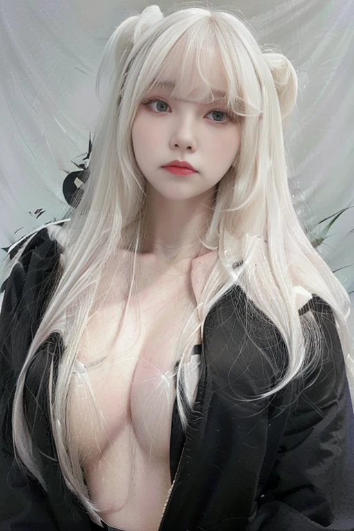 a close up of a person with long white hair and a black jacket, white hime cut hairstyle, white bangs, long white hair and bangs, with long white hair, cabello con white bangs, with long white hair, intense white fur, cruel korean gothic girl, pale porcelain white skin, girl with white hair, pale fur, beautiful face with white fur